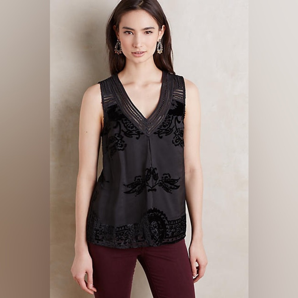 Anthropologie Meadow Rue Fanya Shell Black Velvet Burnout Sleeveless Tank Top L